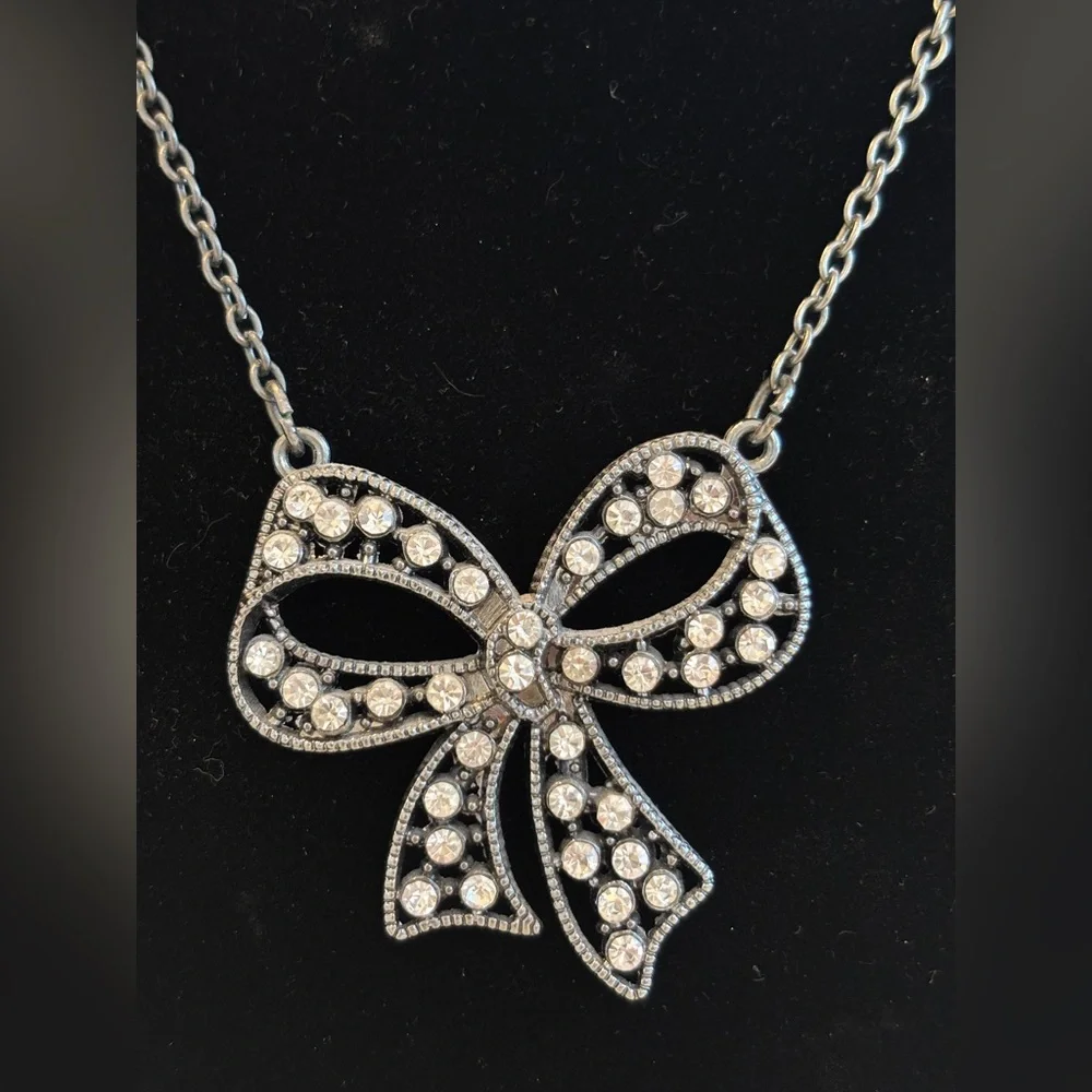 Rhinestone Bow Pendant Necklace Costume Jewelry Coquette Feminine